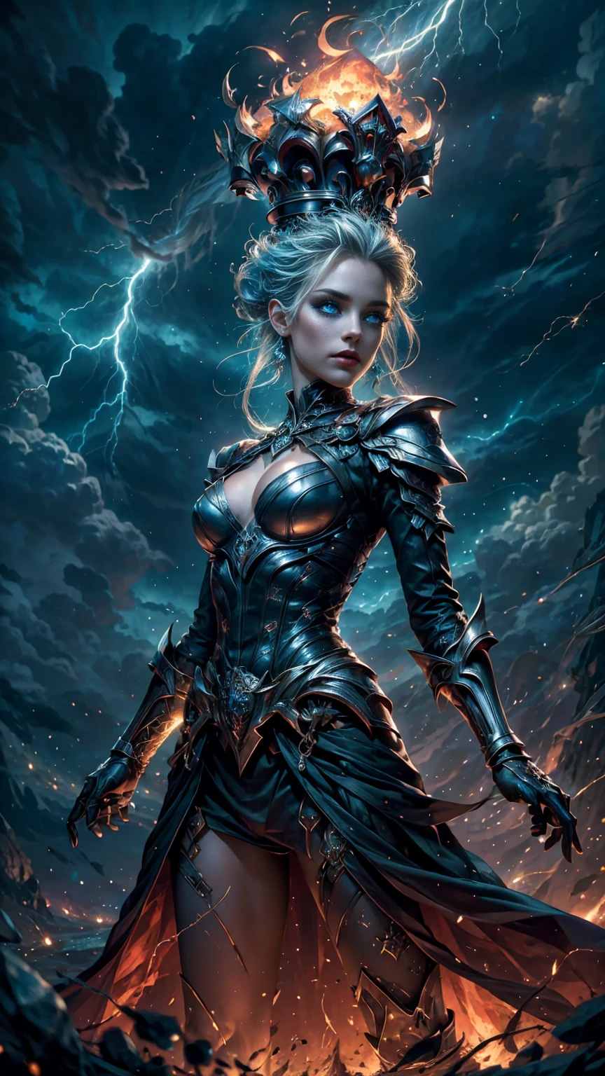 High view, high angle of camera, A beautiful and sexy goddess of storm, hyperrealistic. flying through a dark lightning storm, showcasing the fiery silver hair and thin Crown made of dazzling rays., dark make up, silver ornament. Every space and build in the landscape is meticulously rendered, from the most dangerous and terrifying storm, creating a visually stunning and immersive world. The overall effect is a magnificent mix of fantasy, caos and storm,. close-up, fine quality cyan eyes, fiery cyan eyes, lightning eyes, ultra detailed, Beautiful and aesthetically pleasing, masterpiece, Best quality score, Extremely detailed, raytraced, full body, close up, high view, particles and hard lights, angulo picado.