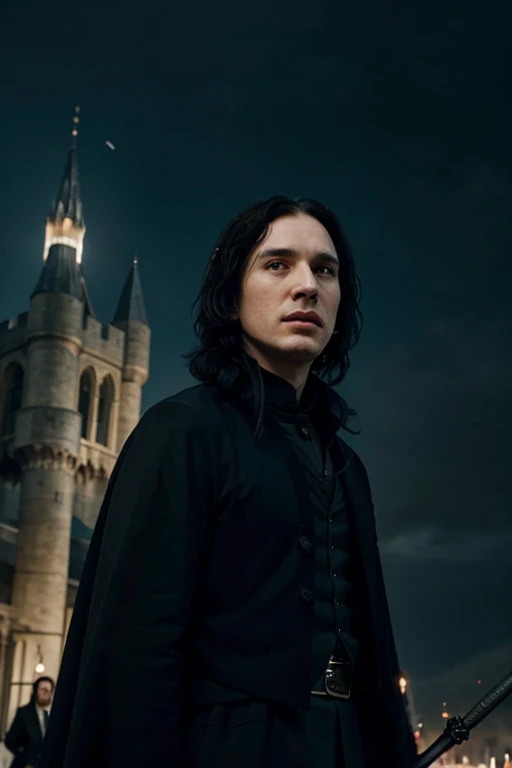 by jon snow dressed as elegant Severus Snape with a magic wand pointing to the sky and in the sky light of revenge and in the background a Hogwarts-style castle but in the Quetzalcoatl style