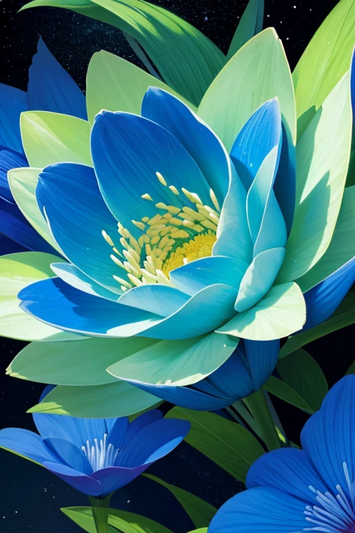 Boreal flower or blue and green magnificent colors showing in the night bright and soft, 4k, absurd res, high details, drawed.
