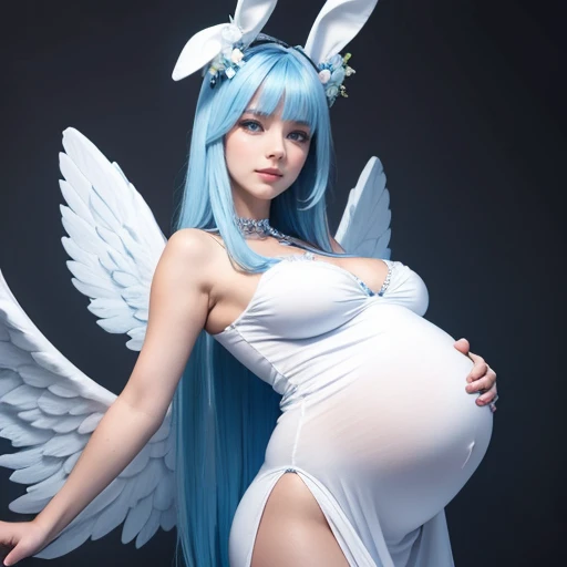 Beautiful pregnant female angel, elegant detailed and tight white dress with blue details, blue gems, mature, bunny ears, light blue hair, piercing blue eyes, wants to have sex with me, cleavage, fully body shot, angel wings