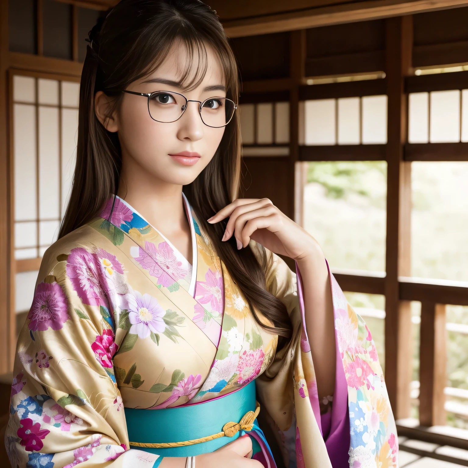 highest quality, masterpiece, Ultra-high resolution, (Realistic:1.4), Raw photo, Very detailed, Perfect Anatomy,
One girl, The most famous Japanese actresses, She is wearing only a gorgeous and colorful Japanese kimono and a pair of coolly designed glasses., In a peaceful rural village in Japan,
Very beautiful face like the most popular Japanese actress, Very beautiful big black round eyes, Very beautiful blonde hair, Very beautiful lips, Very beautiful and realistic white skin