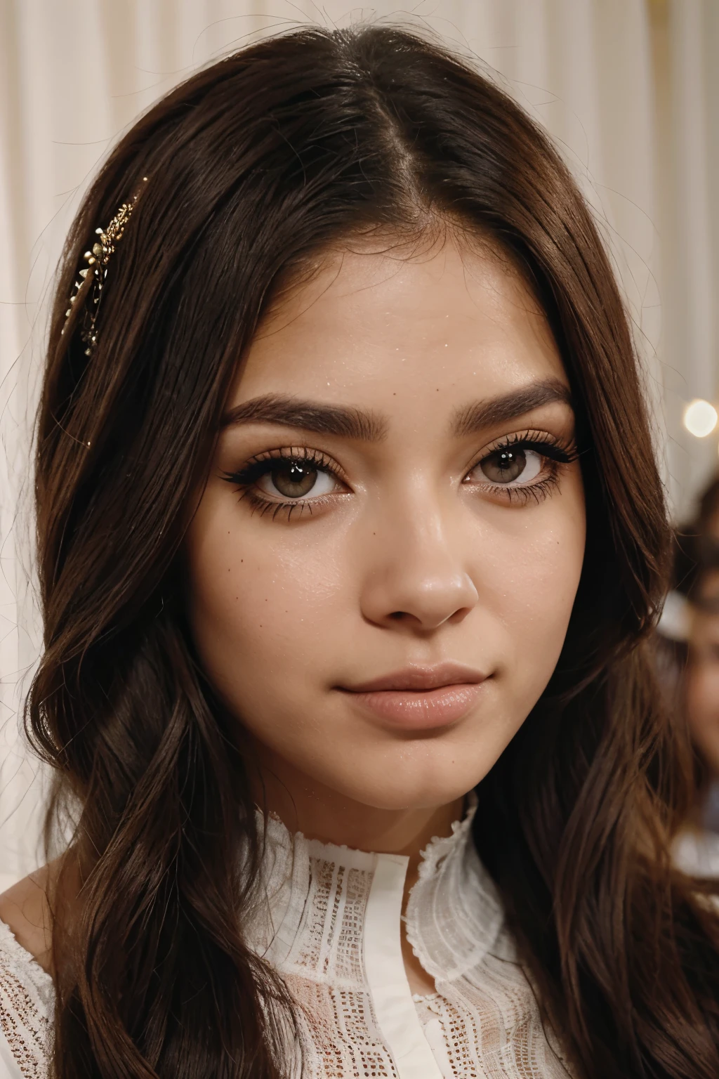 - Sobrancelhas: Grossas e bem definidas.- Eyelash: Hairpieces, acentuando os olhos grandes.- Lips: Tom rosado natural.- Cabelo: Preso em dois coques.- Facial features: Suaves com destaque para a pele clara e lisa