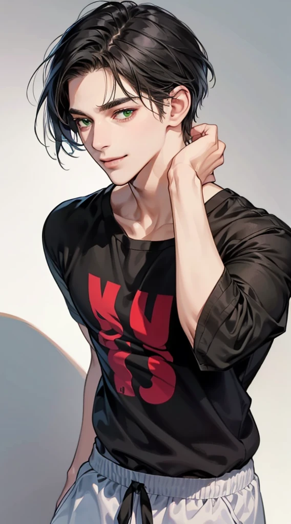 A very handsome white man with short black hair and green eyes is facing me in casual clothes (best quality ultra HD 8K, he is giving a slight smile. The image must show the entire body