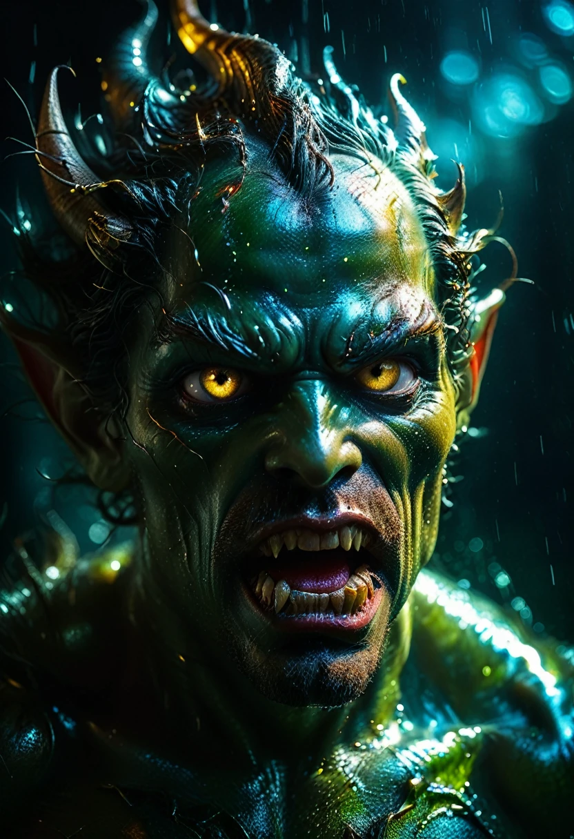horror movie photo poster dark and creepy, (large head and miniature body of a creepy demon), slippery, David Palumbo style, Adam Martinakis, Thomas Alain Koper, edge light, chiaroscuro, HDR 8k, uhd, high quality, film grain, Fujifilm XT3 F/ 11 and ISO 100 at approximately 1/30 (deep focus), cinematography, volumetric lighting, 8K,
perfect eyes, perfect pupils, expressive eyes. Albrecht Durer, stunning, something that doesn't even exist, mythical creature, energy, molecular, textures, iridescent and luminescent scales, breathtaking beauty, pure perfection, divine presence, unforgettable, impressive, breathtaking beauty,
volumetric light, auras, rays, bright colors reflected ))), Miki Asai Macro photography, close-up, super detail, artstation trends, sharp focus, studio photography, intricate details, high detail, Greg Rutkowski