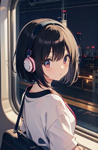 Japanese anime style、pretty girl、Headphones on、Bob Hair、Black Hair、T-Shirts、Get on the train and look out the window、Outside the window is the night view of the city、