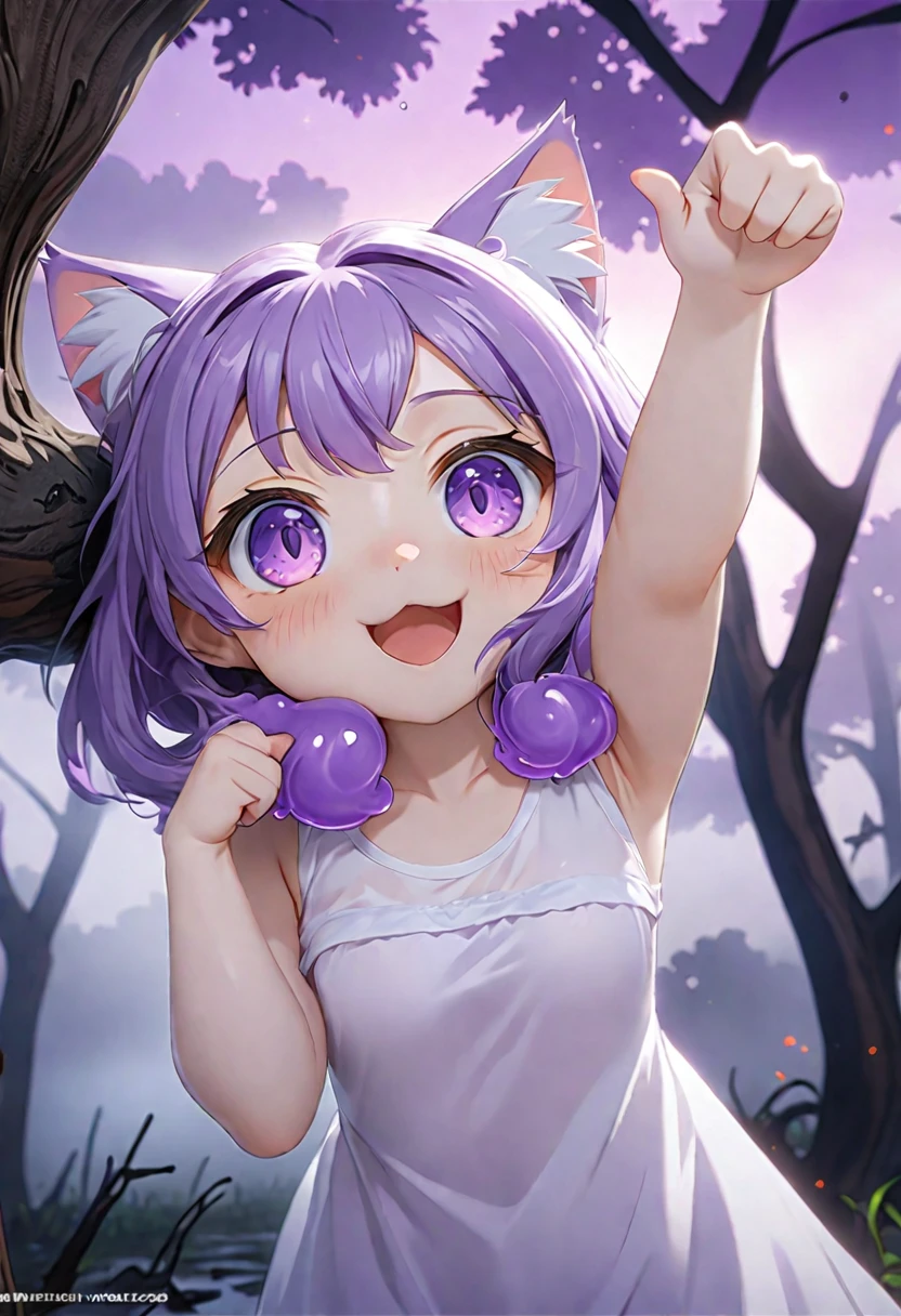 cat girl, chibi, Purple slime, purple hair, Purple eyes, purple skin, covered in purple slime, reaches for the sign, which hangs on the ebony tree, scary tree, tree is curved, tree with eyes, Halloween, Rendering, Anime background art, winner of the pixiv competition, Anime girl with cat ears cute!! chibi!!! cat girl, милый anime cat girl, with index finger, Nekomimi, anime cat girl!, cat girl, chemonomics, run, furry фураффинность, masterpiece, top quality, Best quality, official art, Beautiful and aesthetically pleasing:1.2), 2D, (Best quality, masterpiece), anime, (very detailed face), (very detailed eyes), fog, Swamp, Ideal lighting, covered in mucus, (purple skin)