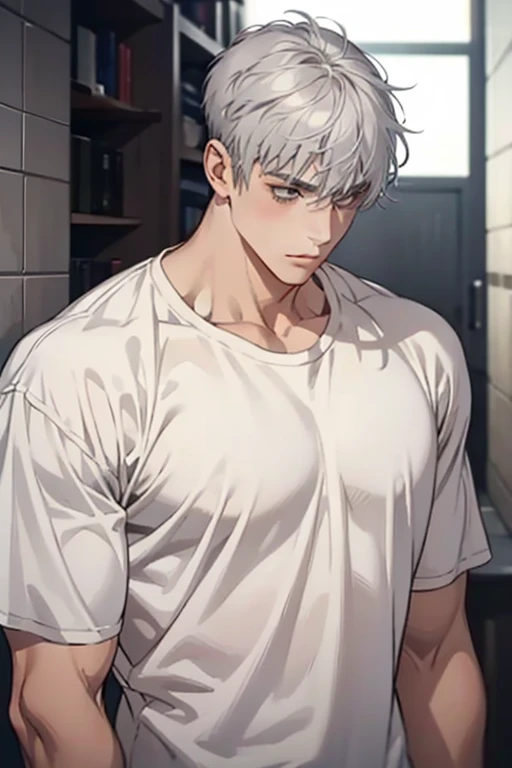 Gray Hair,Short Hair,Center parted hair,One Man,A slightly oversized white t-shirt,A little muscular,Tall,Allback hair,