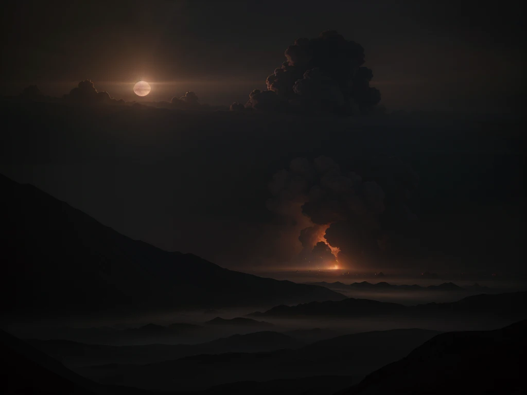 A dense, hazy atmosphere surrounds a dark, ominous planet. The atmosphere is thick with swirling clouds of gas and dust, blocking out most of the sunlight. The planet's surface is barely visible through the murky haze, appearing as a shadowy silhouette. The sky has an eerie, reddish glow from the little sunlight that manages to penetrate the dense atmosphere. The overall scene conveys a sense of mystery and foreboding, as if the planet is shrouded in perpetual twilight. Highly detailed, cinematic lighting, 8k resolution.