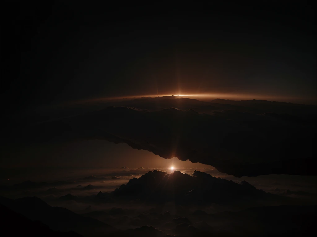 A dense, hazy atmosphere surrounds a dark, ominous planet. The atmosphere is thick with swirling clouds of gas and dust, blocking out most of the sunlight. The planet's surface is barely visible through the murky haze, appearing as a shadowy silhouette. The sky has an eerie, reddish glow from the little sunlight that manages to penetrate the dense atmosphere. The overall scene conveys a sense of mystery and foreboding, as if the planet is shrouded in perpetual twilight. Highly detailed, cinematic lighting, 8k resolution.