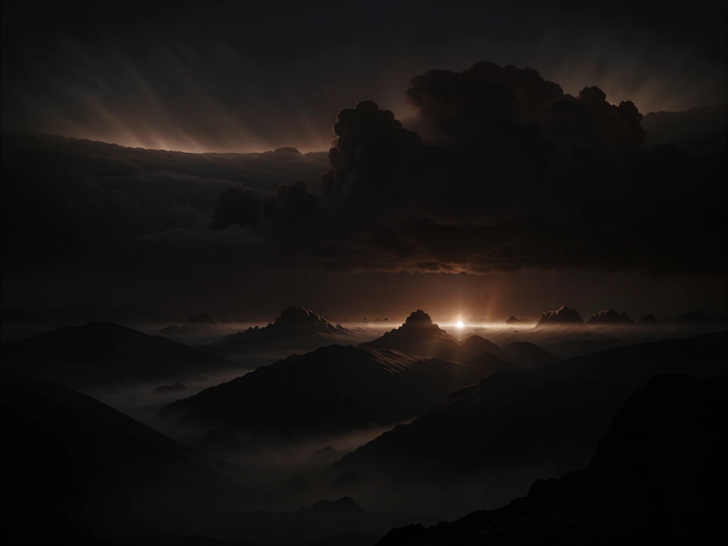 A dense, hazy atmosphere surrounds a dark, ominous planet. The atmosphere is thick with swirling clouds of gas and dust, blocking out most of the sunlight. The planet's surface is barely visible through the murky haze, appearing as a shadowy silhouette. The sky has an eerie, reddish glow from the little sunlight that manages to penetrate the dense atmosphere. The overall scene conveys a sense of mystery and foreboding, as if the planet is shrouded in perpetual twilight. Highly detailed, cinematic lighting, 8k resolution.