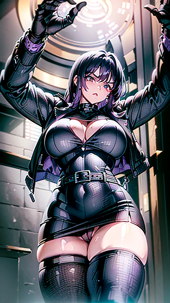 1990s, (masterpiece), high-definition, detailed face, cute girl, perfect body, (big tits: 1.4) big hips, round ass, (black hair with dark purple highlights: 1.4), (tight grey t-shirt: 1.4), (black jacket: 1.4), (purple tight skirt: 1.3), belt, (black thong: 1.2), thigh high stockings, boots, fishnet, pin-up pose, balcony