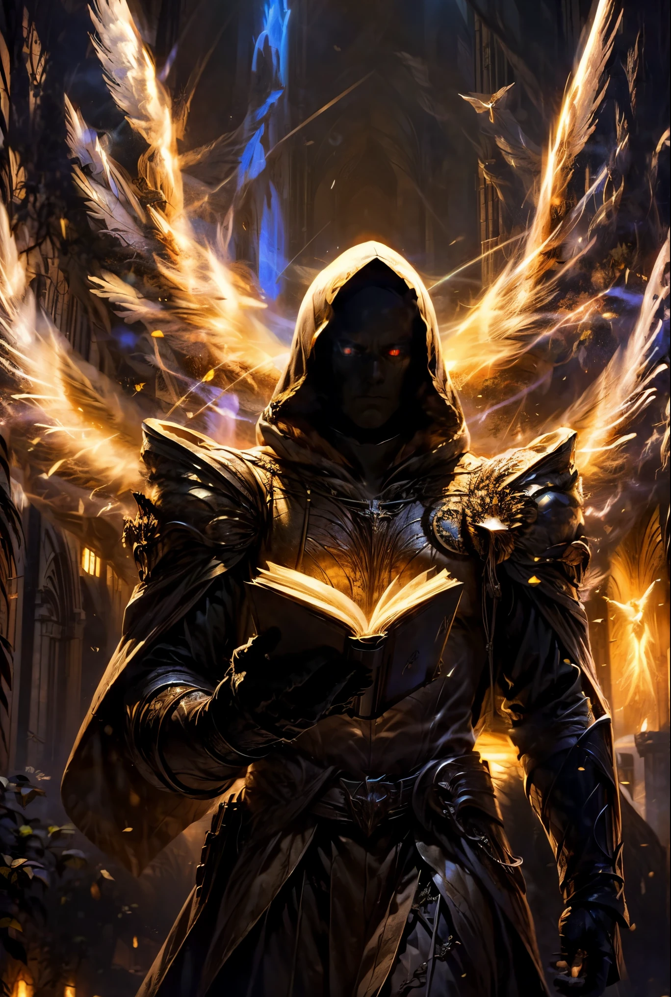 portrait, cowboy shot, male, (((mysterious))), glowing eyes, hooded angel, (((holding a book))), battle archangel, angel white robes, holly light, energy, heaven gate