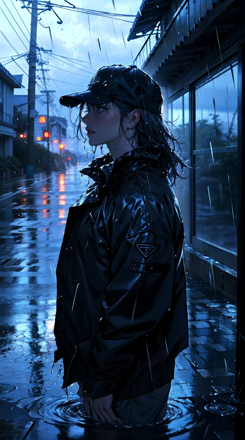 ( best quality,4k,8k,highres,masterpiece:1.2),ultra-detailed,(realistic,photorealistic,photo-realistic:1.37),rainy scene,stressed,outdoor,gloomy atmosphere,realistic droplets on the face,drenched clothes,dark colors,despair,desolation,loneliness,lost in thoughts,emotional,wet street,running mascara on his face,tears streaming down his cheeks,hat soaked with rain,water dripping from his hair,hunched shoulders,visible sadness,pouring rain,thunderstorm,tempestuous weather,misery,deep sorrow,heartache,negative emotions,despairing expression,cold and wet,paleness,heavy rain falling,wet pavement,teardrops falling rapidly,solitude,devastation.