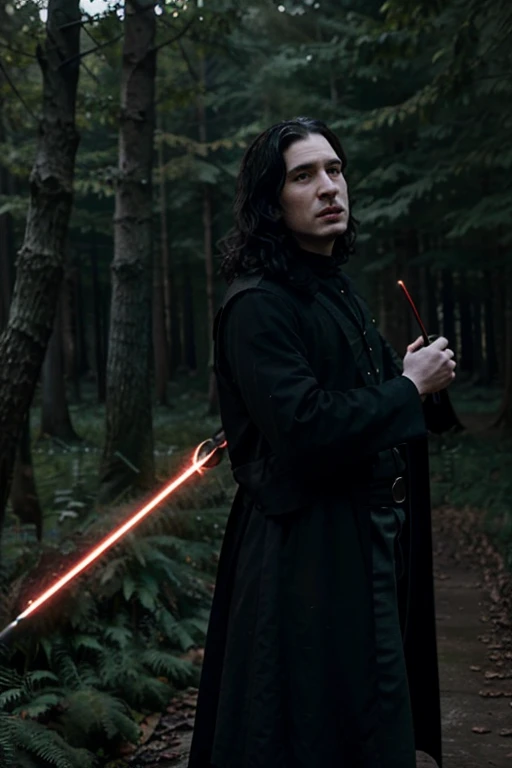 Jon snow dressed as Severus Snape pointing at the sky with his magic wand and red light comes out of it and he is surrounded by a student with a Hogwarts-style uniform but how emerald green in the middle of a forest 