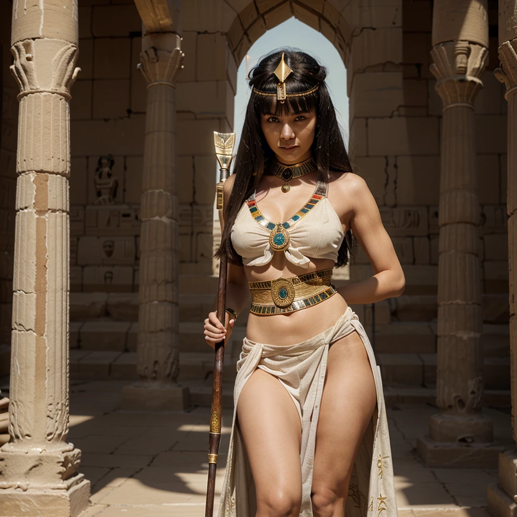 a White woman (((a beautiful lady wearing ancient Egyptian attire 1.44))),(very long hair midi cut with bangs),((Face Perspective)). absolute resolution,((Egyptian Khol outlined)). incredibly absurd, high resolution, ultra detailed, official art, unity 8k wallpaper, long hair, black hair, (muscovite girl: 1.2), egyptian dress, too many decorations, blue eyes, smile, holding a spear (Holding Spear: 1.2 ), (Spear Staff: 1.2), Heavy Weapon Staff, Magic Circle, Combat Stance.