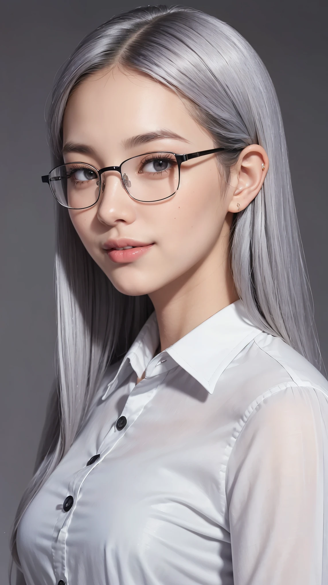 Realistic, masterpiece, highest quality, Highest Resolution, (1girl:1.3), 20-year-old, Sharp Eyes, Grinning smile, Slightly to the side, Definitely watching the audience, (Beautiful fine details, Iris, (Hidden eyelid wrinkles:1.2), Thin eyebrows, Draw eyelashes carefully, Natural Makeup, Mid-length hair, Silver Hair, Detailed face), (rimless glasses, (Black slacks, (White buttoned shirt)),Photographing the upper body,Portraiture, (Gray blank background:1.3)