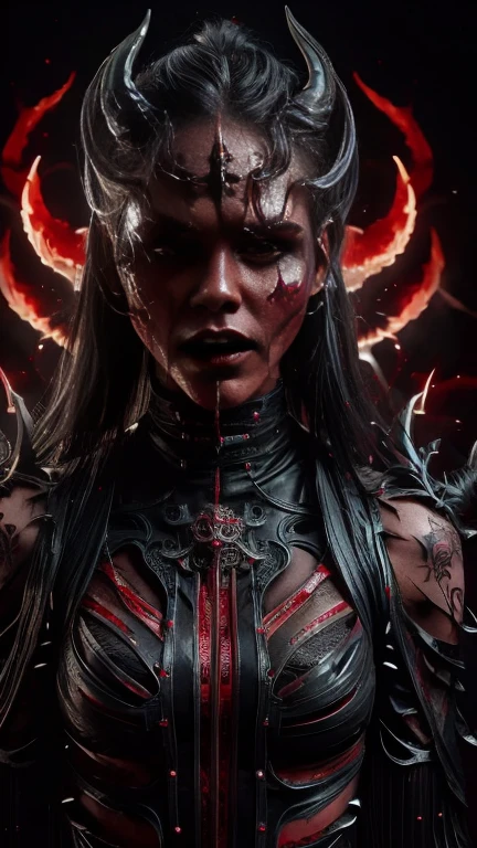 4k realistic ultra detailed photography of an athletic demonic woman, demonic woman wearing a maxi leather dress, hairstyle is a crazy braided hairstyle, demonic woman in a menacing moving standing model pose, photo background is a wall of smoke with black roses coming out of it, mood of the photography is gloomy, big lots of fiery tattoos