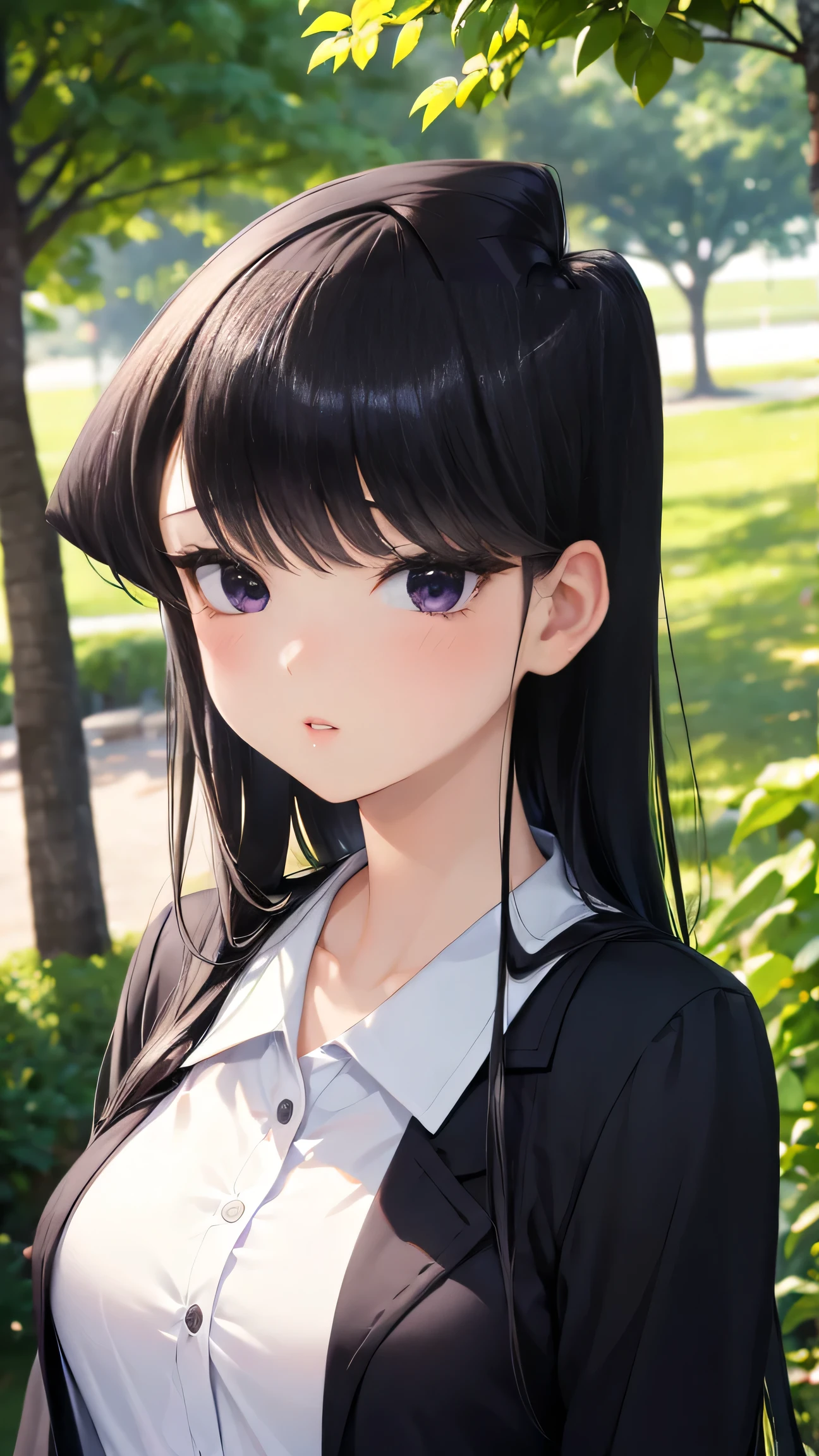 komi shouko, 1girl, absurdres, bangs, black eyes, black hair, day, highres, komi-san wa komyushou desu, long hair, looking up, outdoors, portrait, solo, upper body

