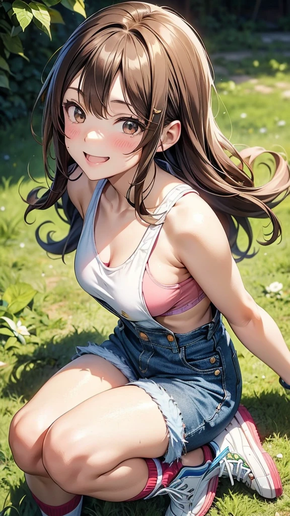 Maki: ore no imouto ga konna ni kawaii wake ga nai, 25-yers-old girl with wavy brown hair wearing sexy denim overalls shorts and sports bra with long socks and blue sneakers. on the farm, smiling, close up 