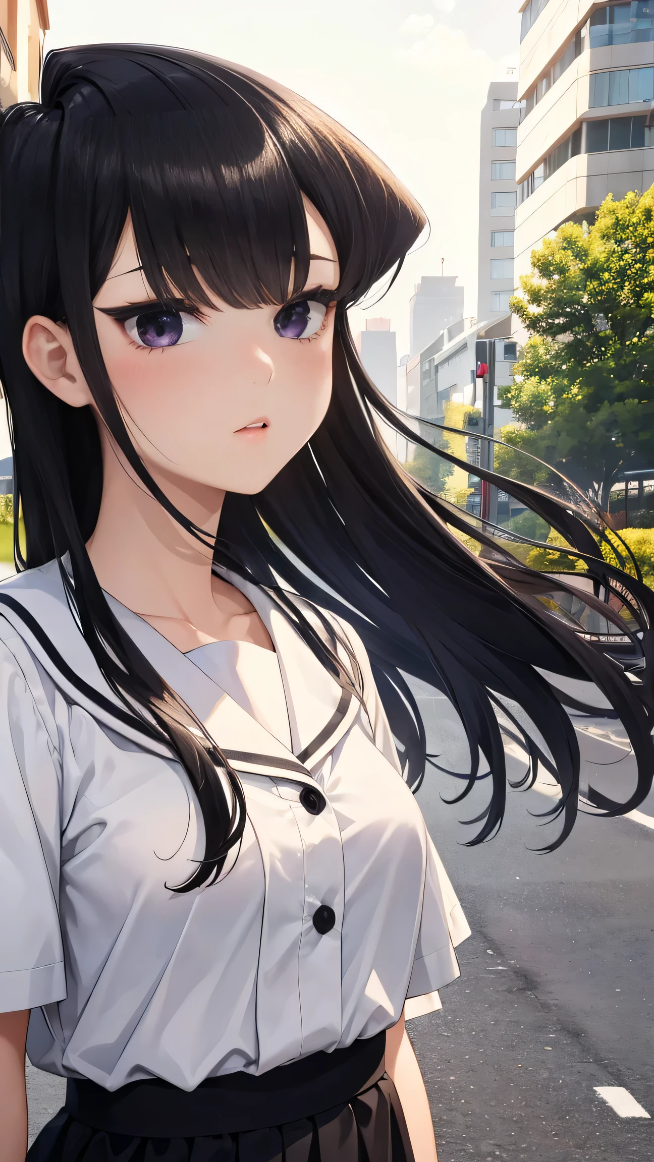 komi shouko, 1girl, absurdres, bangs, black eyes, black hair, day, highres, komi-san wa komyushou desu, long hair, looking up, outdoors, portrait, solo, upper body

