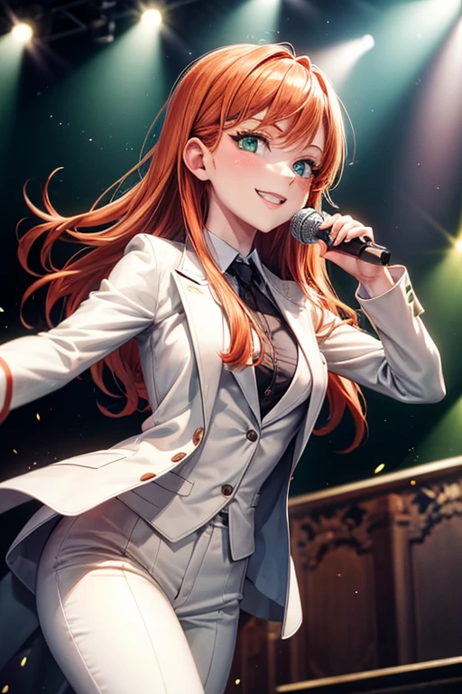 A German redhead woman, with microphone in hand on stage Green eyes and a mischievous smile Wearing a white suit