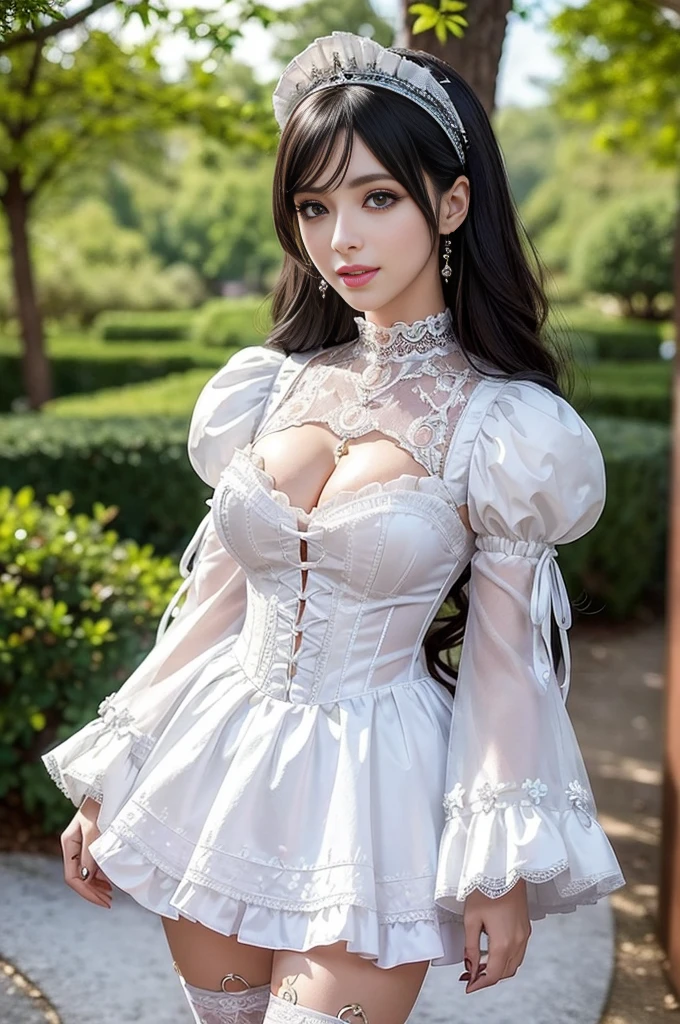 sexy stylish Spanish model, only 1 female, ((doll-like appearance)), ((very detailed Victorian-Style boots)), (big smile), very detailed eyes, vivid eye makeup, lipgloss, long lashes, defined eyebrows, ((sexy Paradise Kiss cosplay)), bell-shaped skirt, petticoats, high neckline, puffed sleeves, ((very detailed lace)), ((very detailed embroidery)), intricate details, Paradise Kiss accessoires and matching headpiece, Paradise Kiss choker, ((large sparkling Paradise Kiss jewelry)), cinematic light, detailed large park background with trees