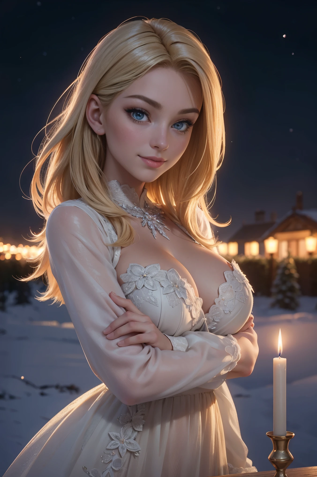 Hyper realistic and detailed picture of 1 gorgeous european blonde woman, age 23, she's a men magazine model, flirts with camera, beautiful smiling woman sending a kiss to the camera. posing on the in the beautiful garden full of flowers, wearing a tight and short christmas dress. perfect eyes, (Eye makeup:1.1), perfect breast, perfect body, perfect hair, perfect hands, RAW, analog style, sharp focus, 8k UHD, DSLR, high quality, Fujifilm XT3, grain, award winning, masterpiece. winter starry night, snow, fog, candle lighting