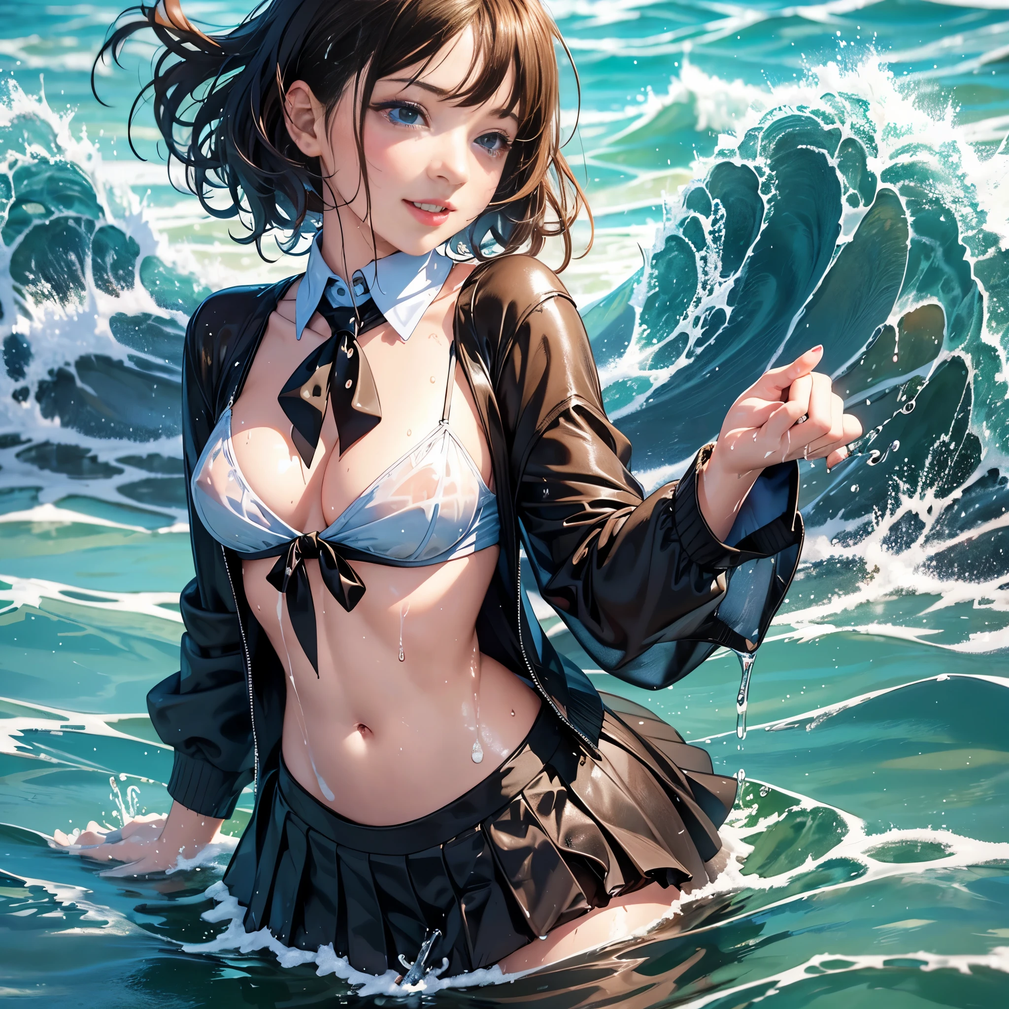 20 yo woman in a is playing in the water, at the beach, wet sand, waves, long sleeves, (cardigan), ((loose tie)), ((pleated skirt)), closeup fantasy with water magic, beautiful maiden, wearing a skirt made of water, cleavage, photorealistic, dripping wet, in water up to her shoulders, beautiful realistic photo, nymph in the water, hyperrealist portrait at seaside, hyperrealistic fantasy photo, splashing, cute shot, narrow depth of field, 8k, nsfw, ((drenched)), ((soaked)), (dripping water), dripping oil, heavy clothes, soaked in oil, wet all over, rouge lipstick, wet dripping hair, short brown hair, smiling at viewer, ((see through)), varied poses