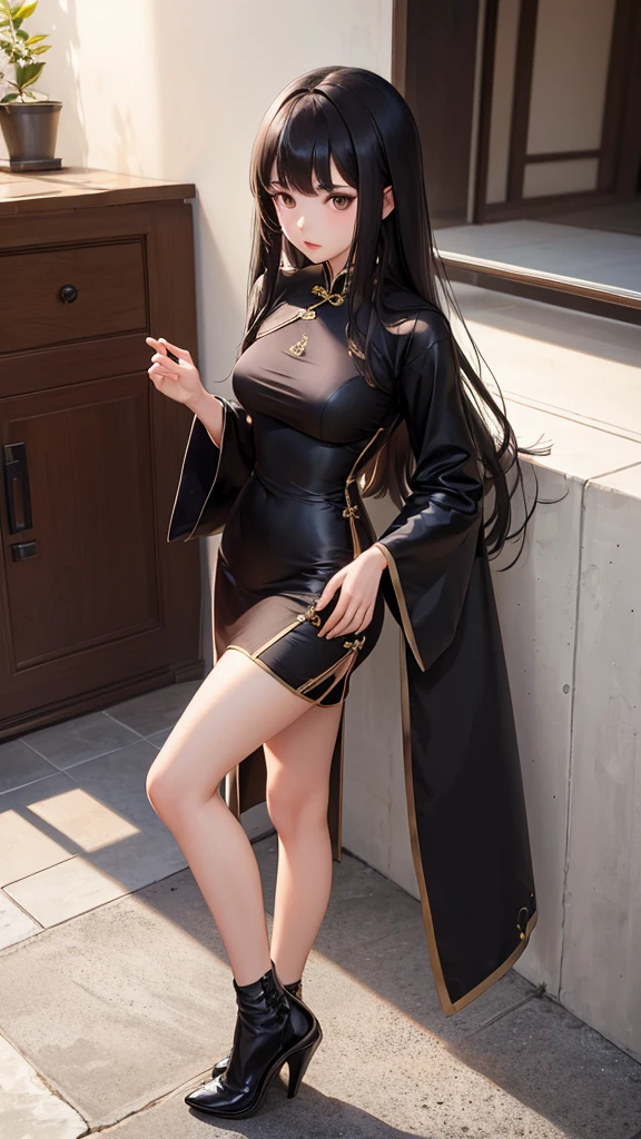 girl,whole body,(Delicate face:1.2), masterpiece, Fashion,cheongsam,, Waist-length hair, Black Hair, Bangs, Brown eyes,black stockings,4K