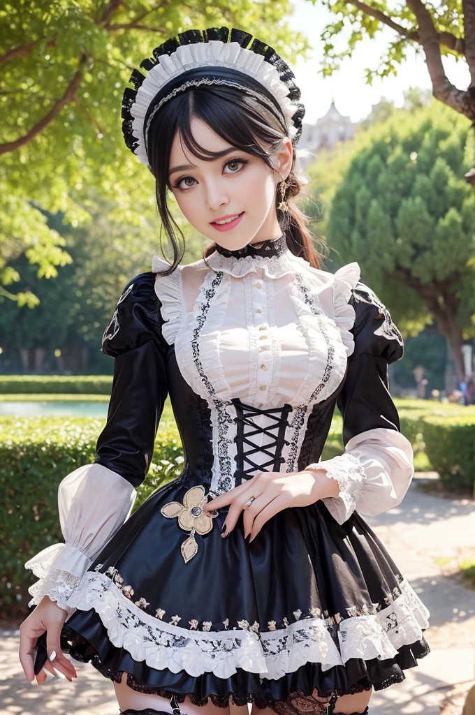 sexy stylish Spanish model, only 1 female, ((doll-like appearance)), ((very detailed Victorian-Style boots)), (big smile), very detailed eyes, vivid eye makeup, lipgloss, long lashes, defined eyebrows, ((sexy Paradise Kiss cosplay)), bell-shaped skirt, petticoats, high neckline, puffed sleeves, ((very detailed lace)), ((very detailed embroidery)), intricate details, Paradise Kiss accessoires and matching headpiece, Paradise Kiss choker, ((large sparkling Paradise Kiss jewelry)), cinematic light, detailed large park background with trees