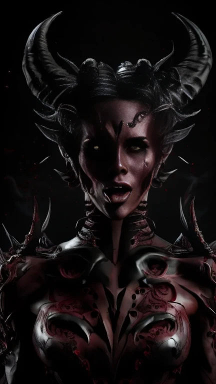 4k realistic ultra detailed photography of an athletic demonic woman, demonic woman wearing a maxi leather dress, hairstyle is a crazy braided hairstyle, demonic woman in a menacing moving standing model pose, photo background is a wall of smoke with black roses coming out of it, mood of the photography is gloomy, big lots of fiery tattoos