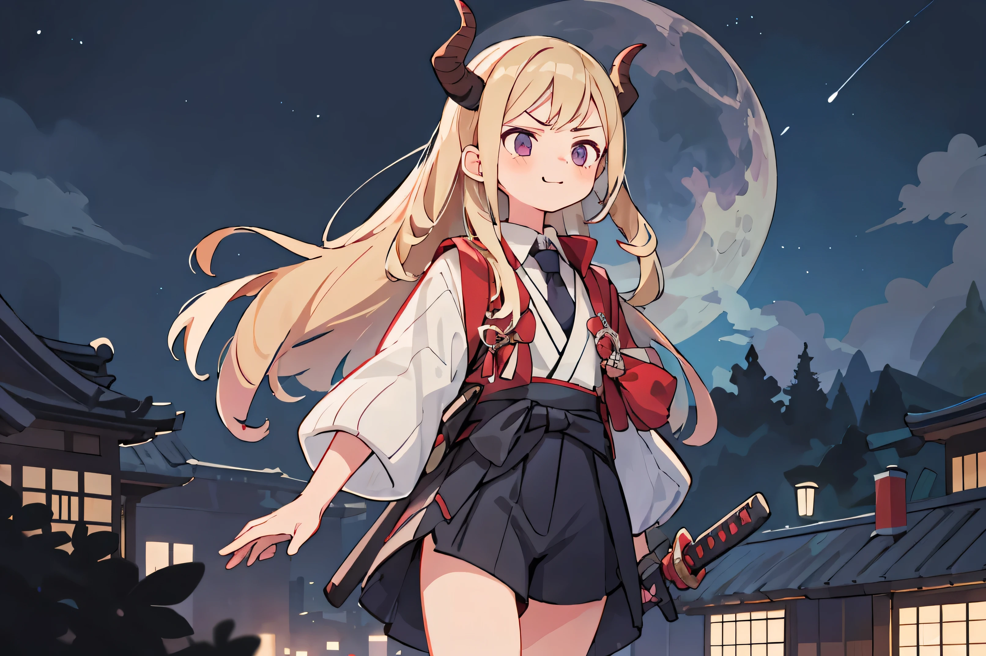 Masterpiece, best quality, ultra detailed, extremely detailed, 1girl, , 1girl, oni girl, horns, , angry face, serious face, black japanese collegial clothes with a tie, long blonde hair with purple tips, katana, night sky, city environment Body position: standing, direto, symmetrical, bare feet, Sorriso lascivo no rosto com blush vermelho,