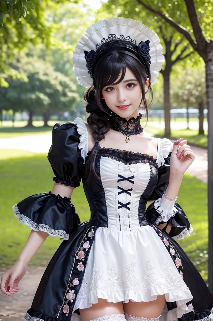 sexy stylish Spanish model, only 1 female, ((doll-like appearance)), ((very detailed Victorian-Style boots)), (big smile), very detailed eyes, vivid eye makeup, lipgloss, long lashes, defined eyebrows, ((sexy Paradise Kiss cosplay)), bell-shaped skirt, petticoats, high neckline, puffed sleeves, ((very detailed lace)), ((very detailed embroidery)), intricate details, Paradise Kiss accessoires and matching headpiece, Paradise Kiss choker, ((large sparkling Paradise Kiss jewelry)), cinematic light, detailed large park background with trees