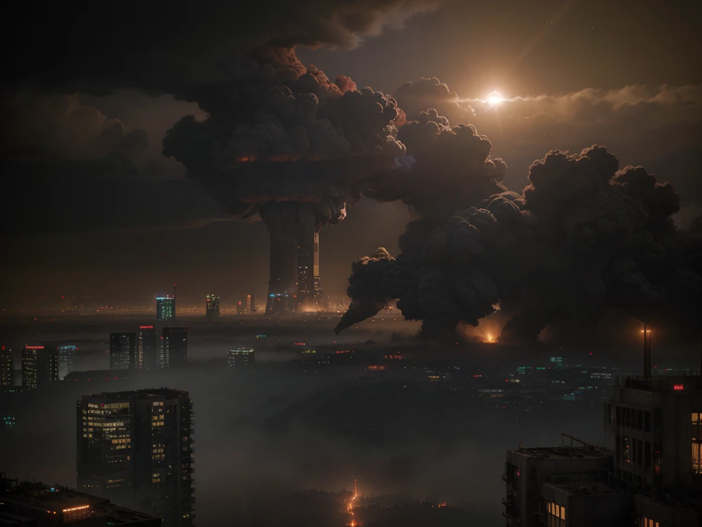 Atomic bombing,Armageddon,Cities and ruins,eventide,Large wide angle,Grey,repression