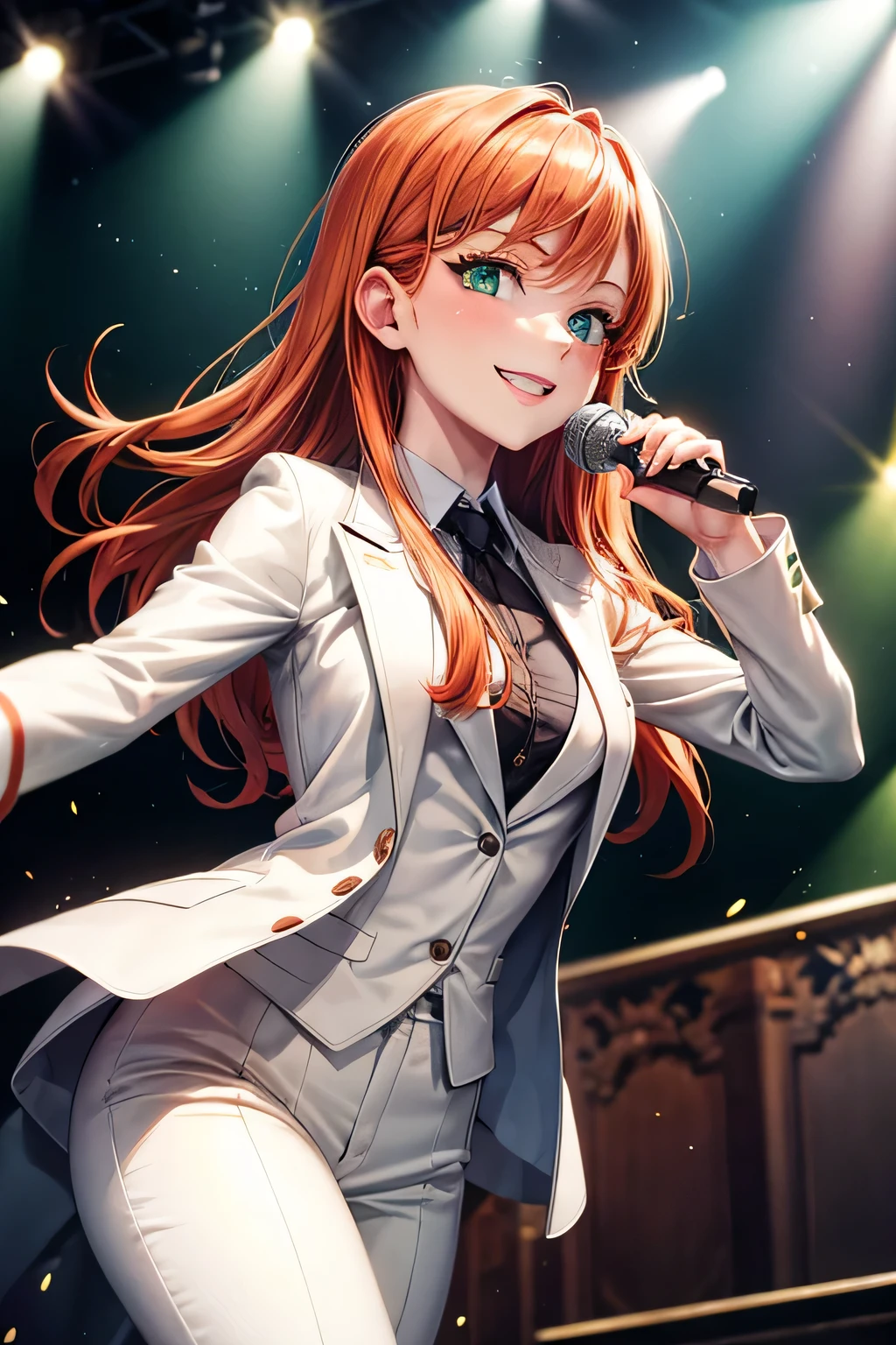 A German redhead woman, with microphone in hand on stage Green eyes and a mischievous smile Wearing a white suit