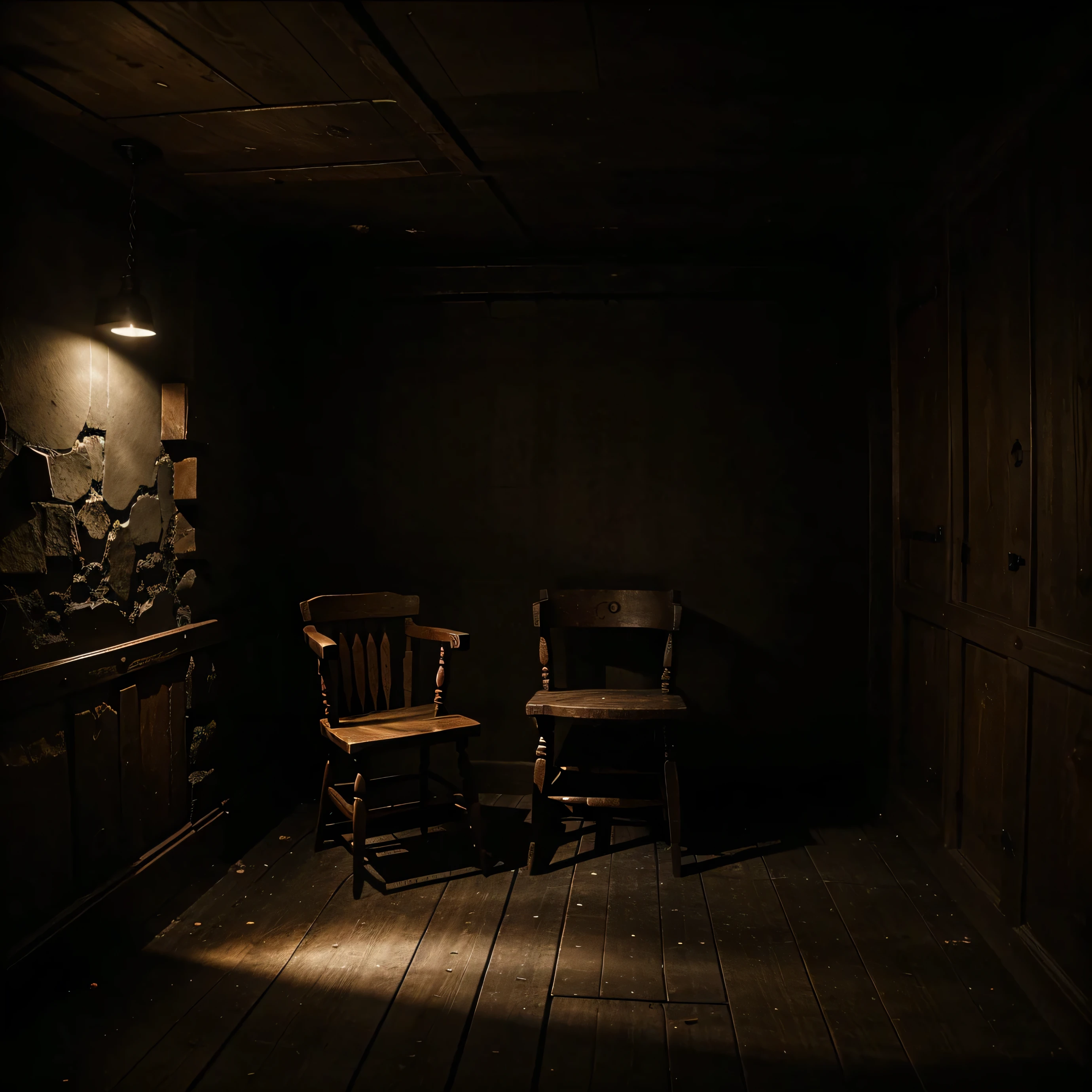 picture of a dark cellar with a wooden chair poorly lit in a gloomy atmosphere