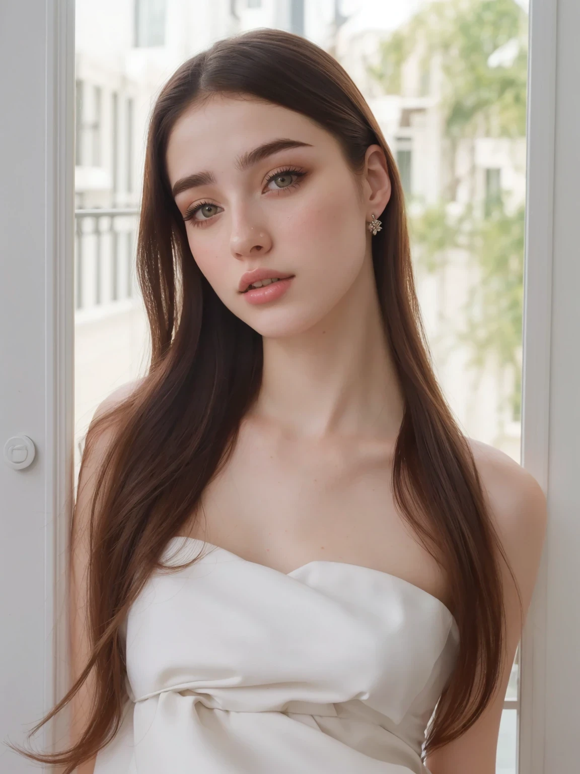 Arafed Mujer con un vestido blanco de pie frente a una ventana, dilraba dilmurat, pale skin persian girl, Kailee Mandel, Anna Nikonova aka Newmilky, charli bowater, Retrato de Sophie Mudd, 18 years, ilya kuvshinov con pelo largo, valentina remenar, anastasia ovchinnikova