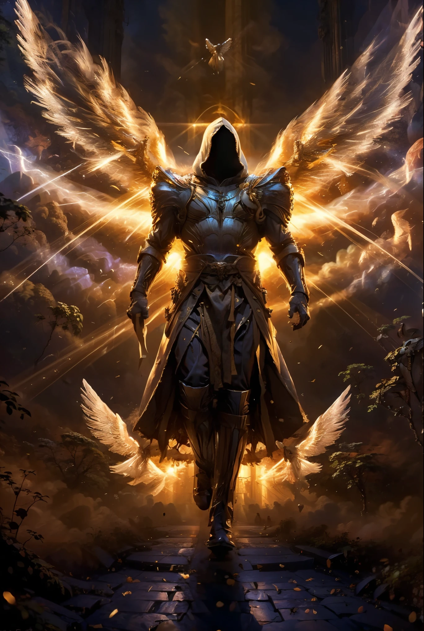 (body postrait:1.4), male, (((mysterious))), glowing eyes, hooded angel, (((holding a book))), battle archangel, angel white robes, holly light, energy, heaven gate, daylight