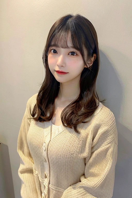 25 year old Japanese woman、Very adorable and cute、Narrow eyes、Deep-set eyelids、Neat floral long sleeve dress、Beige cardigan、Upper Body Shot、A mole on the mouth、Straight hair to shoulders、Hide your chest、The dress is white-based、The background is Sapporo、high resolution