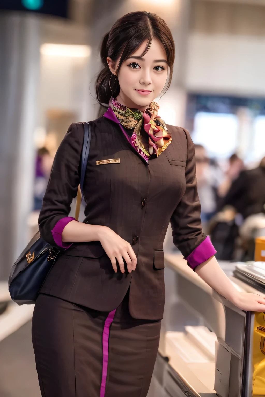 (masterpiece:1.2、highest quality:1.2)、32K HDR、High resolution、(alone、1 girl、Slim figure)、(A realistic reproduction of the ETIHAD Airways Cabincrew Uniform)、 (At the airport counter, Professional Lighting)、A proper woman, Beautiful Face,、(Long sleeve ETIHAD Airways Cabincrew Uniform)、(ETIHAD Airways Cabincrew Uniform skirt with purple stripe on the front)、(scarf on chest)、Big Breasts、(Long Hair Up、Hair Bun)、Dark brown hair、Long Shot、((Great hands:2.0))、((Harmonious body proportions:1.5))、((Normal limbs:2.0))、((Normal finger:2.0))、((Delicate eyes:2.0))、((Normal eyes:2.0)))、Beautiful standing posture、smile