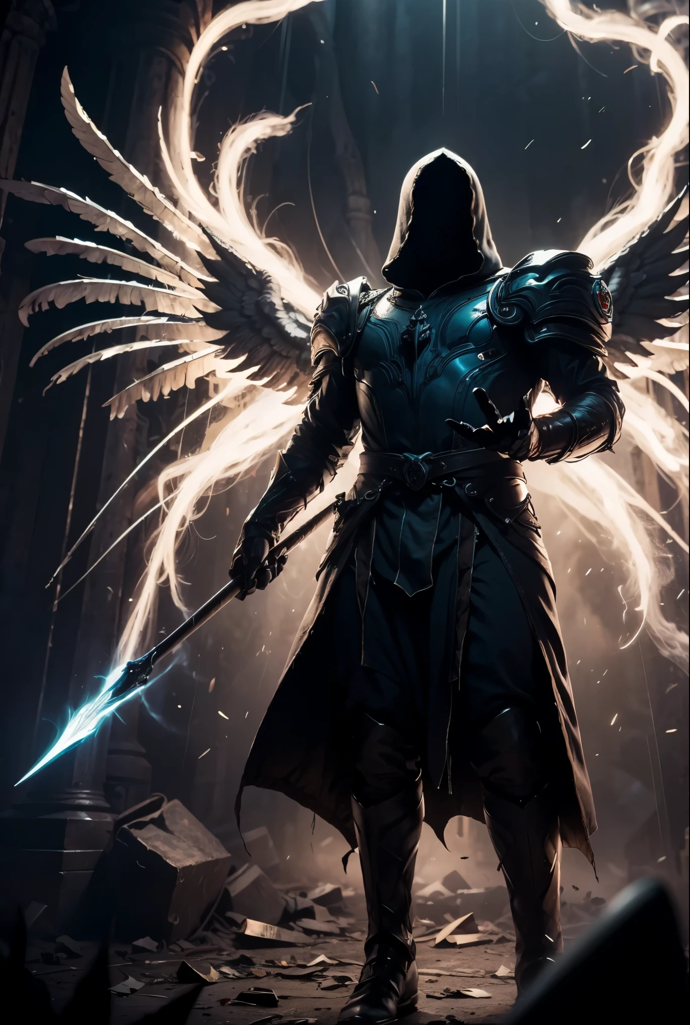 (body postrait:1.4), male, (((mysterious))), glowing eyes, hooded angel, (((holding a book))), battle archangel, angel white robes, holly light, energy, heaven gate, daylight