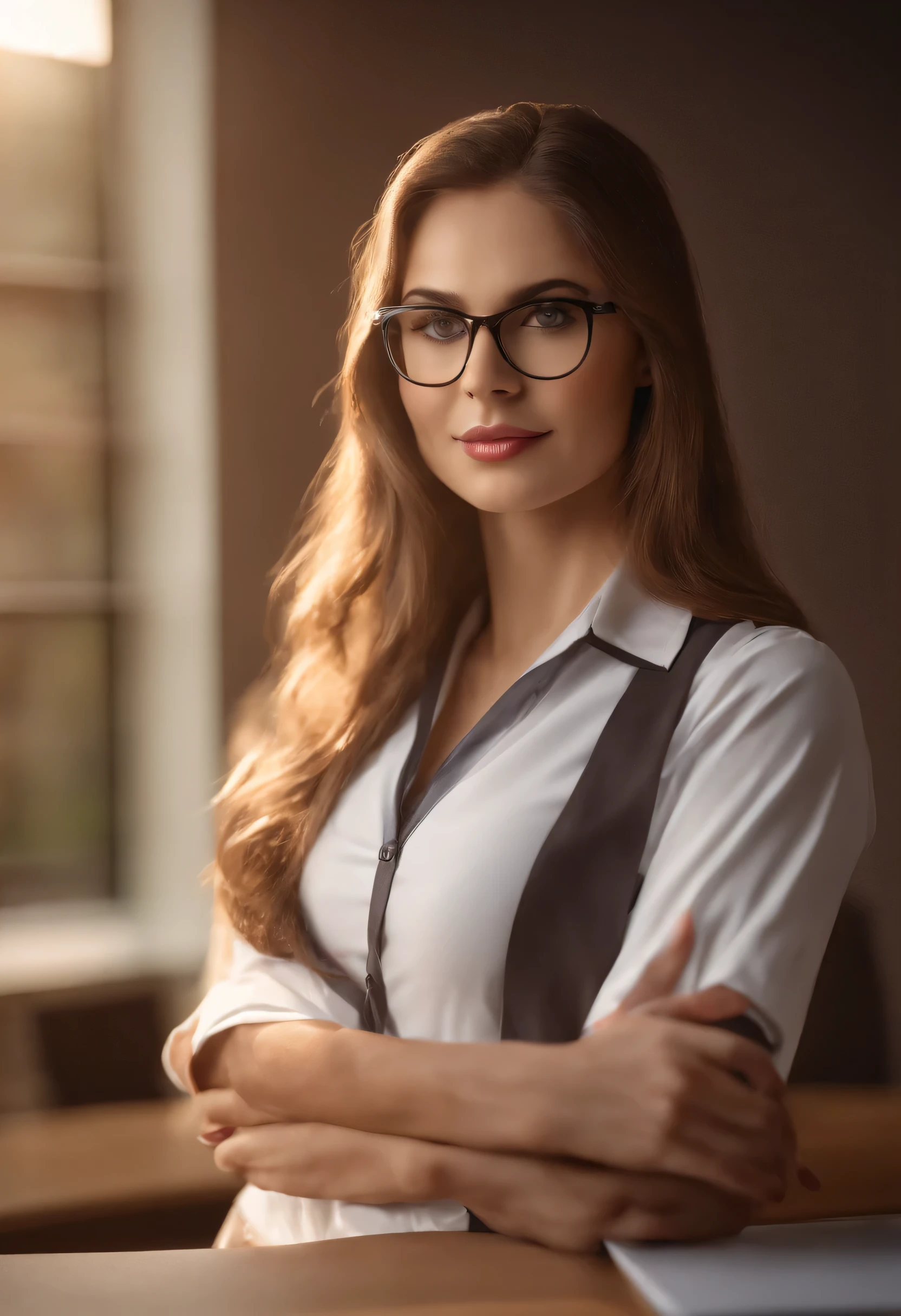 Mulher de 25 anos(glasses eyes), milf, ((na sala de aula)), ((uniforme escolar)), Foto CRU, (photorealista:1.37, realista), highly detailed 8K unified CG wallpapers, 1 garota, ((Corpo perfeito:1.1)), (medium breasts:1.2) , olhando para o espectador, (((direto da frente))), (Pele do QG:1.2, pele brilhante), 8k hd, DSLR, soft lighting, alta qualidade, film grain, Fujifilm XT3, ((corpo todo:0.8)), (Professional Lighting:1.4) ,