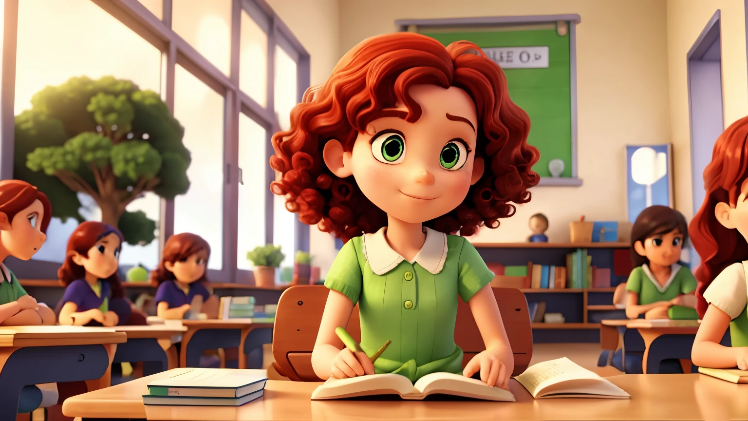 Layla Troft 9 year old girl, curly red hair, simple look with a simple green dress, reading a book in the school classroom, scene comes to life with the magic of Pixar animation