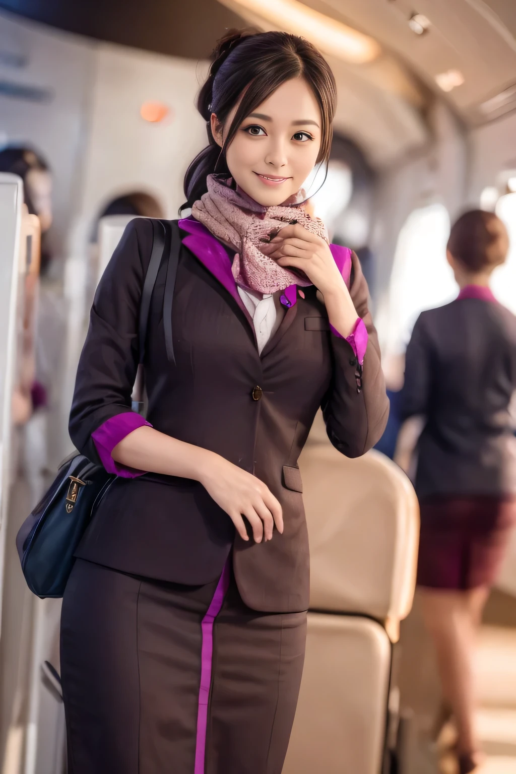 (masterpiece:1.2、highest quality:1.2)、32K HDR、High resolution、(alone、1 girl、Slim figure)、(Realistic reproduction of Etihad Airways flight attendant uniforms)、 (on board, Professional Lighting)、A proper woman, Beautiful Face,、(Etihad Airways flight attendant long sleeve uniform)、(Etihad Airways flight attendant uniforms、Skirt with purple stripes on the front)、(scarf on chest)、Big Breasts、(long hair、Hair Bun)、Dark brown hair、Long Shot、((Great hands:2.0))、((Harmonious body proportions:1.5))、((Normal limbs:2.0))、((Normal finger:2.0))、((Delicate eyes:2.0))、((Normal eyes:2.0)))、Beautiful standing posture、smile