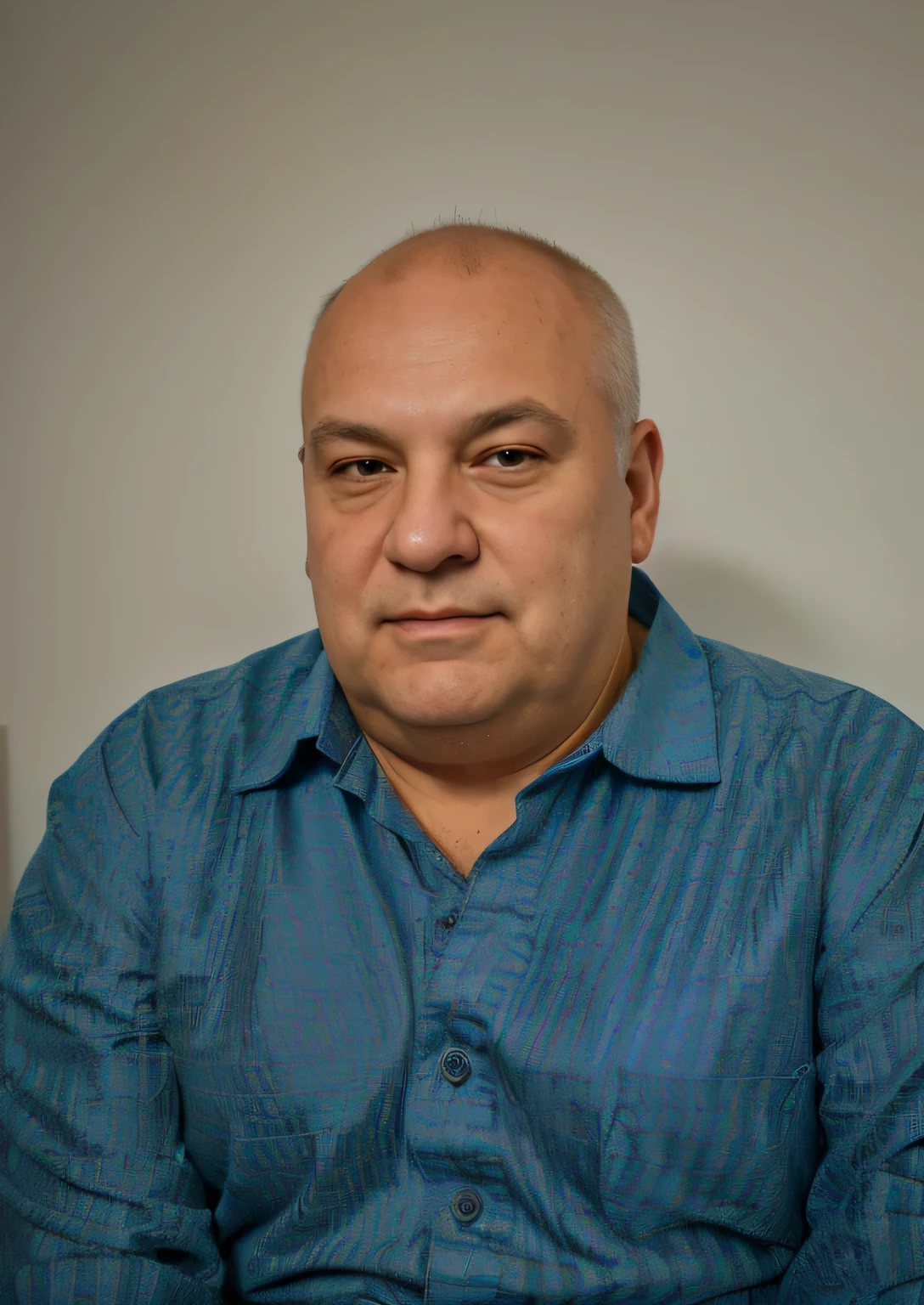 arafed man in a blue shirt sitting in front of a white wall, encho enchev, vitaly bulgarov, photo of a man, vsevolod ivanov, oleg bulakh, zdzislaw beksinsk, bogdan rezunenko, foto realista, sviatoslav gerasimchuk, blue striped shirt, Aged man, Old man, man with double chin, without a beard