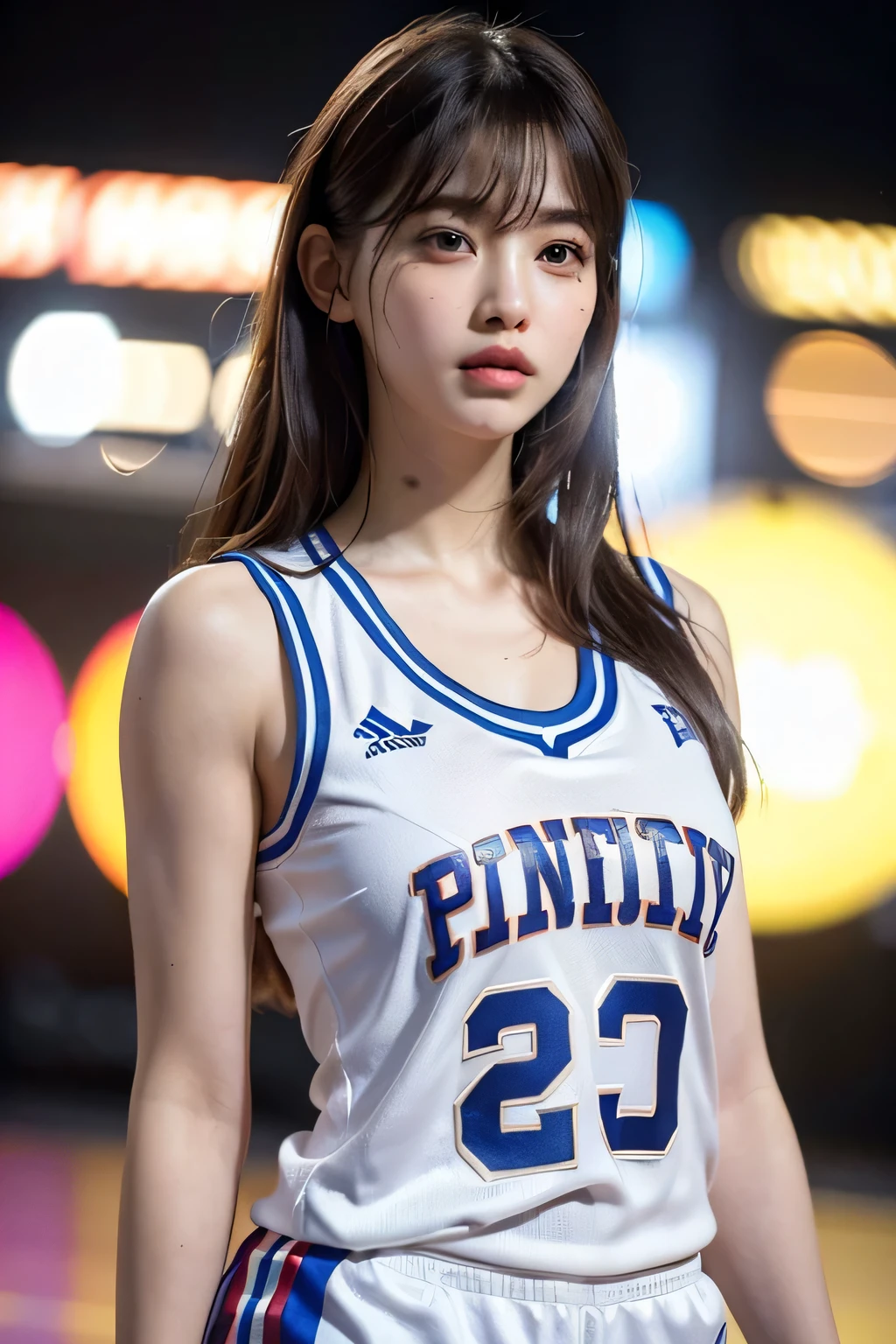 1womanl、(Super beautiful)、(beauitful face:1.5)、22year old、Professional Baseball Team Cheerleading、hairarmpits、(Armpit hair:1.4)、(sleeveless clothes)、(You can see the shape of the nipple:1.1)、makeup、(wetted skin)、 Brown hair、(Cheering seats in a fully booked stadium)、At SFW
