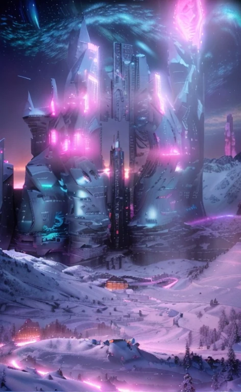 Masterpiece, 12k, uhd, photorealistic, a ultra beautiful suggestive landscape, with snow hills, snow land, futuristic metropolis in background, with skycrapers, night sky with stars, pink boreal aurora in the sky, light neon effects, cyberpunk dreaming atmosphere, (3D rendering buildings)