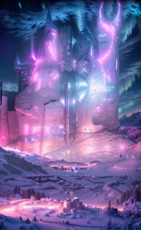 Masterpiece, 12k, uhd, photorealistic, a ultra beautiful suggestive landscape, with snow hills, snow land, futuristic metropolis in background, with skycrapers, night sky with stars, pink boreal aurora in the sky, light neon effects, cyberpunk dreaming atmosphere, (3D rendering buildings)