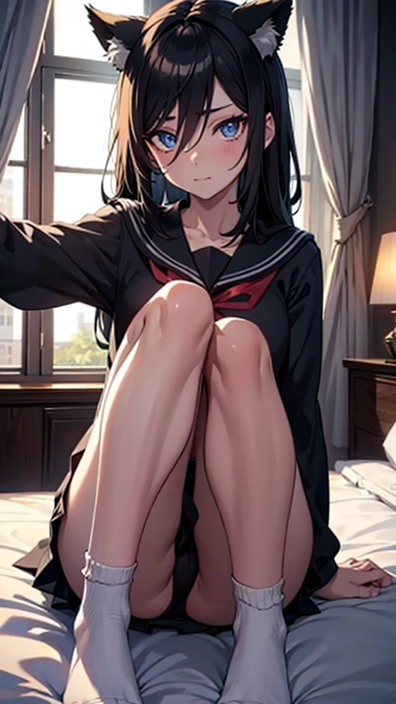 1 girl,kuchiki rukia,confident,soft smile,sitting in bed,black sailor uniform,tight,white socks,outstretched arms,tail,cat ears
BREAK
((masterpiece)), (top quality), (best quality), (((ultra-detailed, 8k quality))), (large masterpiece digital art), (detailed line art), ((perfect anatomy)), extremely detailed body, extremely detailed finger, best hands, perfect face,perfect ears, beautiful face, (blush), extremely detailed eyes, ((expressive eyes)), gradient eyes, beautiful eyes,glowing eye pupils,perfect ears,perfect eyes, perfect fingers,perfect nails,
BREAK
(intricate background of room decorations), bedroom space,night atmosphere,black light, bokeh lighting,1 window,1 mirror,bed,pov eye