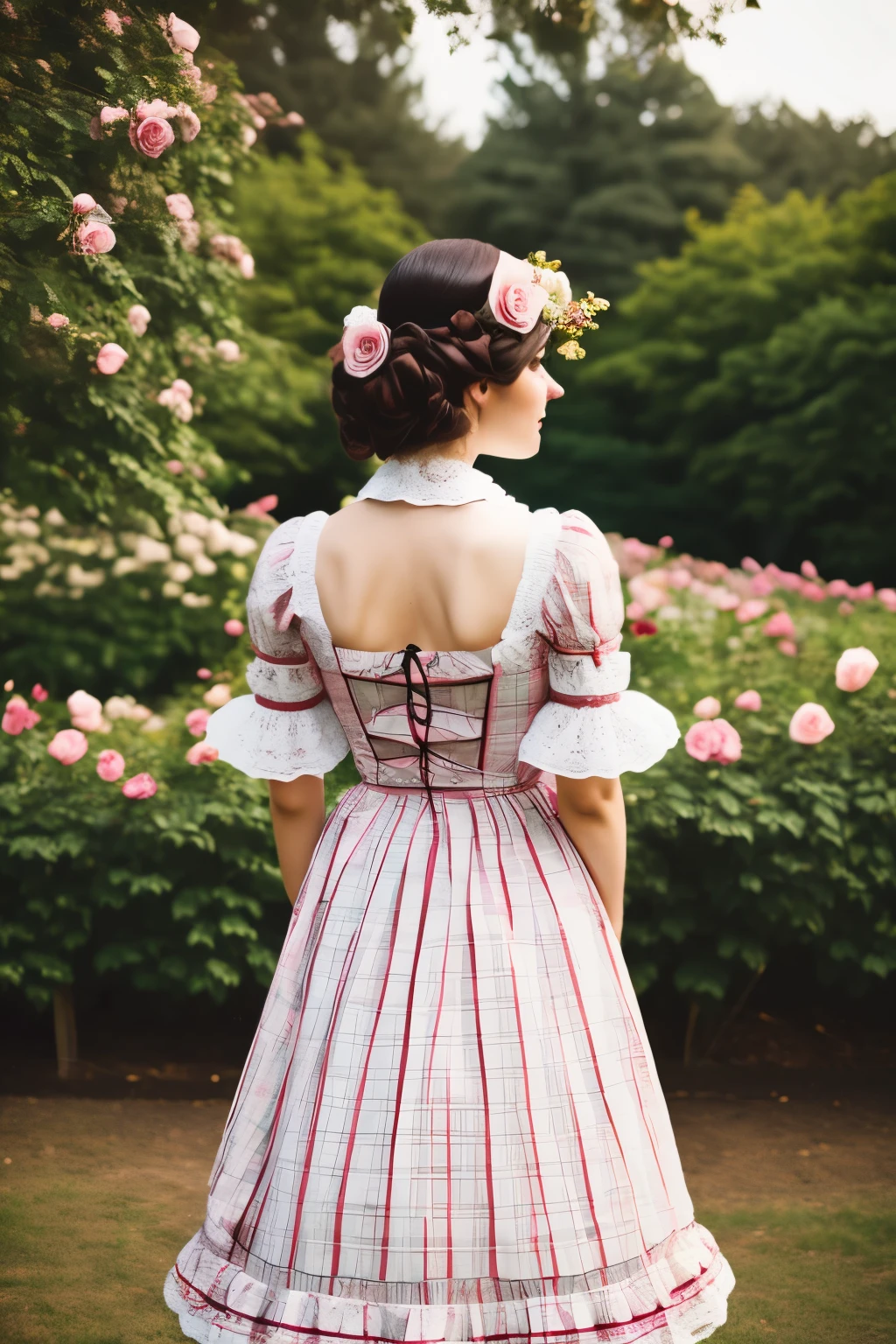 lady wearing victorian rose garden picnic, vintage style, Picnic table, from behind